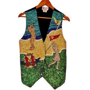 Vintage Rare Fashion Fantasy Sequin Golf Theme Vest Waistcoat Size Medium EC